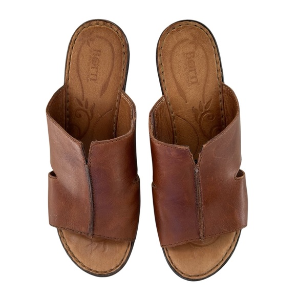 BORN Brown Leather Wedge Slide Sandals 10 - Picture 2 of 11